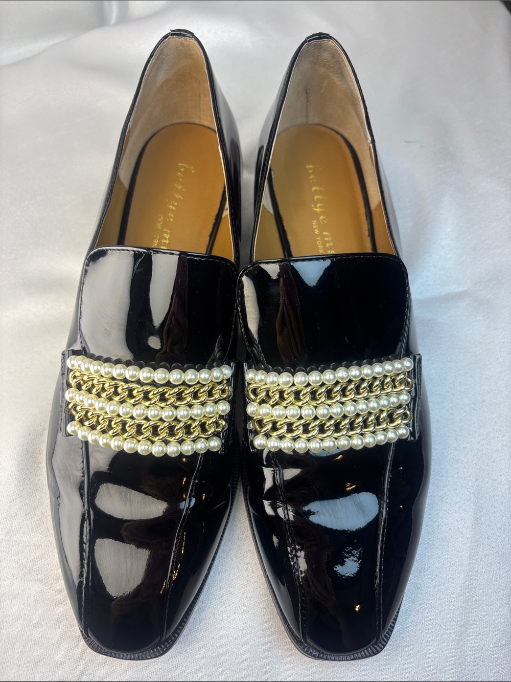 Bettye Muller New York Black Patent Pearl & Chain Loafers